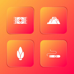 Set Mexican carpet, Volcano eruption with lava, Corn and Cigar icon. Vector.