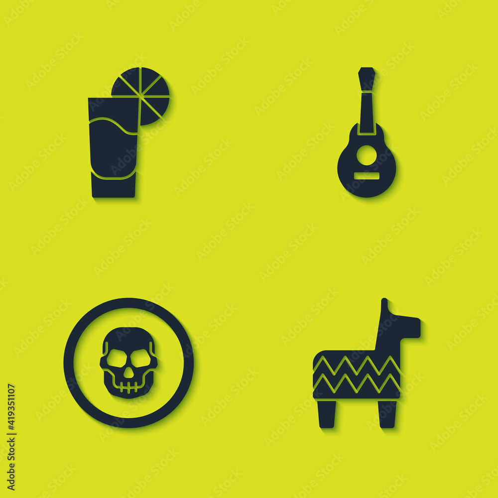 Sticker Set Tequila glass with lemon, Pinata, Mexican skull coin and guitar icon. Vector.