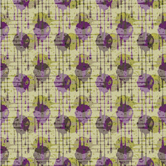 Abstract paint drip weave effect grid seamless vector pattern background. Overlapping purple green dripping painterly drops criss cross backdrop. Faux burlap canvas texture midcentury modern repeat.