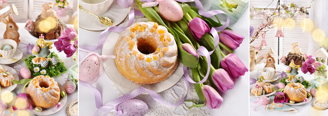 Easter collage with festive table with traditional pastries