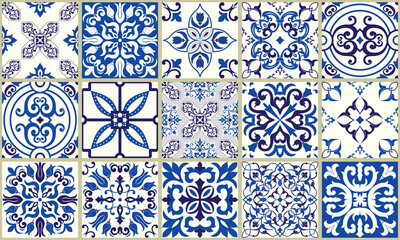 Collection of 15 ceramic tiles in turkish style. Seamless colorful patchwork from Azulejo tiles. Portuguese and Spain decor. Islam, Arabic, Indian, Ottoman motif. Vector Hand drawn background - obrazy, fototapety, plakaty