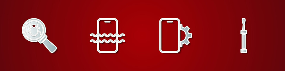 Set System bug, Waterproof phone, Phone repair service and Screwdriver icon. Vector.