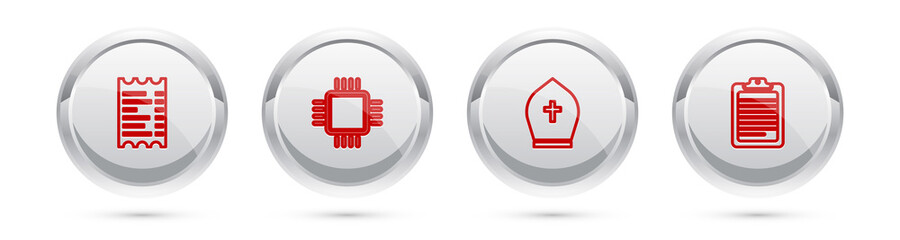 Set line Paper or financial check, Processor with CPU, Pope hat and Clipboard document. Silver circle button. Vector.