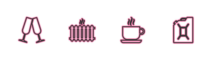 Set line Glasses of champagne, Coffee cup, Heating radiator and Canister for gasoline icon. Vector.