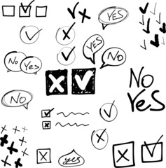 Large set of hand-drawn control signs. Doodle black check quality marks and understands, cross, circles, list items, yes or no check list vector tick icons