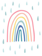 Fototapeta premium Hand drawn rainbow with raindrops. Cute kids nursery icon. Baby shower poster. Lovely cartoon rainbow for wallpaper, fabric, wrapping, apparel. Organic shapes background. Vector illustration