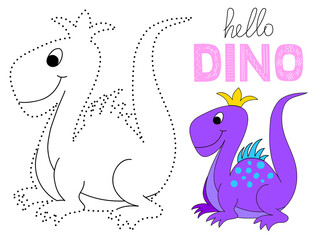 Cute dinosaur. Educational numbers game vector illustration. Connect the dots in order. Coloring book page with color pattern.