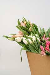 Lots of pink, white and salmon tulips in crafting packaging close-up on a white background.