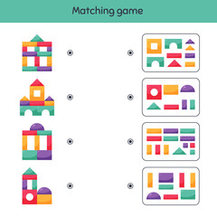 Matching game. Building blocks for kids. Worksheet for kids kindergarten, preschool and school age.