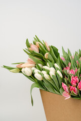 Lots of pink, white and salmon tulips in crafting packaging close-up on a white background.