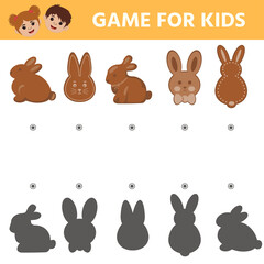 Education logic game for kids. Easter gingerbread. Printable Worksheet vector illustration.Find the correspondence of the picture with the shadow. 