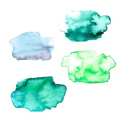 Abstract watercolor stains, green, blue, turquoise, sky blue spot . Нand drawing illustration.