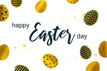 happy Easter card on white background, with golden eggs and text