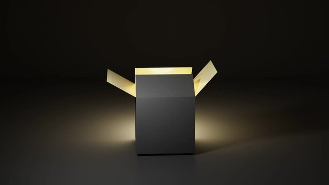 Opening magic box with golden glow and light inside. Surprise idea, container for focus, secret gift on dark background, Black Friday Sale, Christmas or Birthday present, black blank packaging mockup