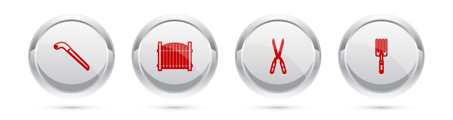 Set line Garden saw, fence, Gardening handmade scissor and fork. Silver circle button. Vector.