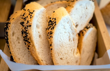 Closeup pile of wheat bread for breakfast