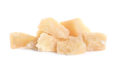 Pieces of delicious parmesan cheese on white background