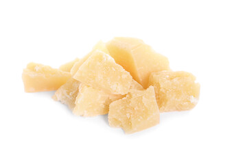 Pieces of delicious parmesan cheese on white background