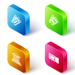 Set Isometric line Ticket, Airline ticket, Museum building and icon. Vector.
