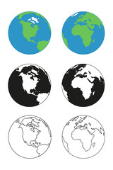 Earth globe icons. earth hemispheres with continents. vector world map set.