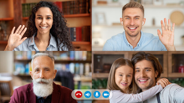 Happy Parents And Kids Using Computer And Waving While Making Online Video Call