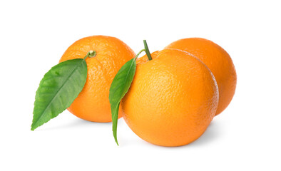 Fototapeta na wymiar Fresh ripe oranges with green leaves on white background