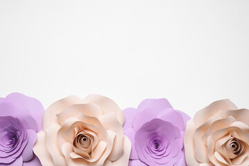 Different beautiful flowers made of paper on white background, flat lay. Space for text