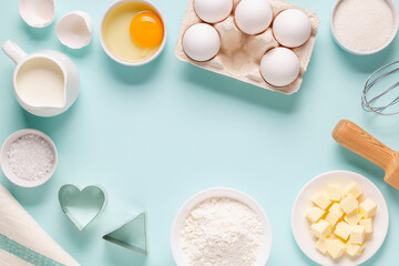 Baking or cooking background. Ingredients, kitchen items for baking.