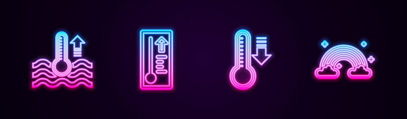 Set line Water thermometer, Meteorology, and Rainbow with clouds. Glowing neon icon. Vector.