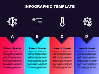 Set line Sun and snowflake, Fahrenheit, Meteorology thermometer and UV protection. Business infographic template. Vector.