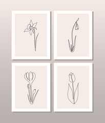 Interior wall decor. Spring flowers. Abstract paintings. Vector illustration in graphic style.