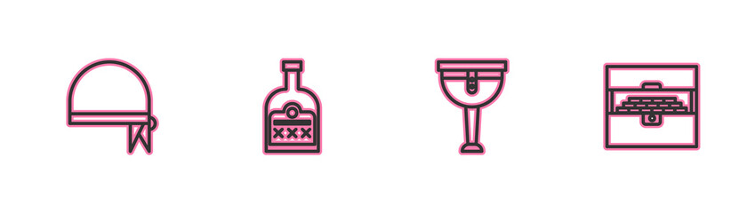 Set line Pirate bandana for head, Wooden pirate leg, Alcohol drink Rum bottle and Antique treasure chest icon. Vector.