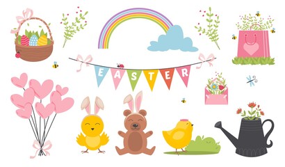 Easter spring set with cute animals, birds, bees, butterflies.