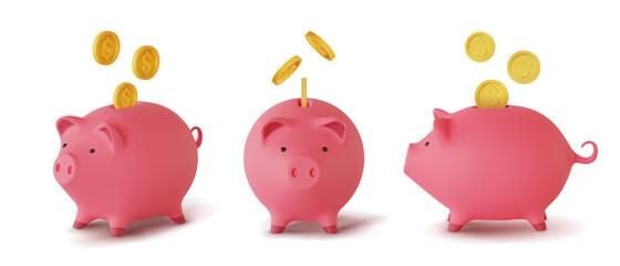 Set 3d realistic moneybox in the form of a pig and coins falling, isolated on white background, vector