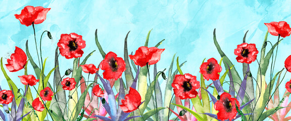 Obraz premium Watercolor Frame of Red poppy, branch. Vintage drawing plant. Card with Red poppy flowers. Garden flowers. Beautiful wreath of wildflowers. Thickets of grass. For logo, card, design,frame.Banner