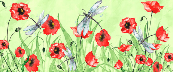 Obraz premium Watercolor Frame of Red poppy, branch. Vintage drawing plant. Card with Red poppy flowers. Garden flowers. Thickets of grass. For logo, card, design,frame.Banner.A dragonfly flies over the clearing. 