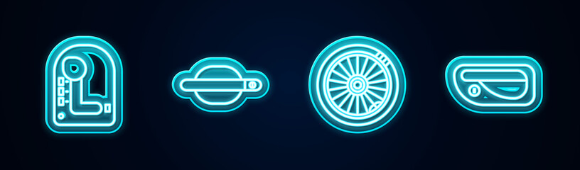 Set line Gear shifter, Car door handle, wheel and . Glowing neon icon. Vector.