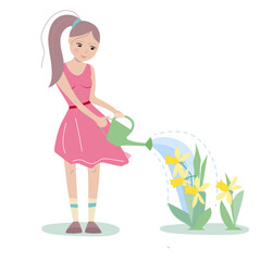 Young girl watering  yellow daffodils. Spring illustration can be used as festive design template.