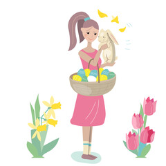 Obraz na płótnie Canvas Young girl standing with basket of painted eggs, with daffodils, tulips and birds around her. Easter spring illustration can be used as festive design template.