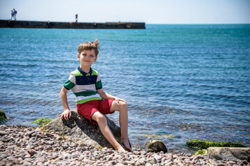 Caucasian baby boy is sitting at the beach. Cute child is playing with roks and shellfishes muscle-fish on the sand in summer day. Copyspace, close up, outdoor
