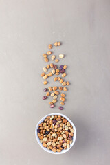 Legumes in bowl and scattered in the background, colorful beans in a plate on a gray background, top view, copy space