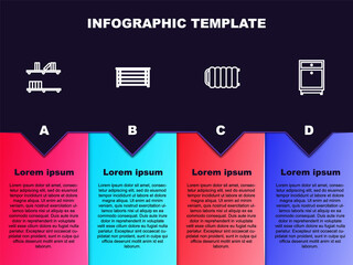 Set line Shelf with books, Chest of drawers, Heating radiator and Furniture nightstand. Business infographic template. Vector.