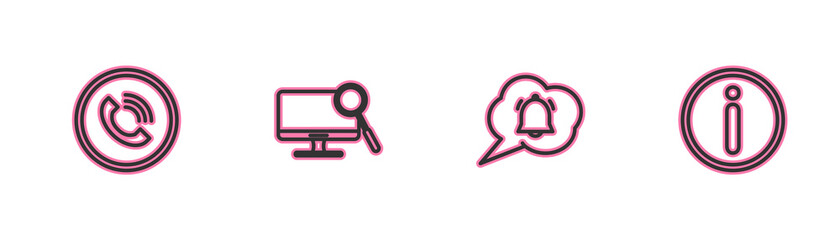 Set line Phone call, Speech bubble chat notification, Computer monitor diagnostics and Information icon. Vector.