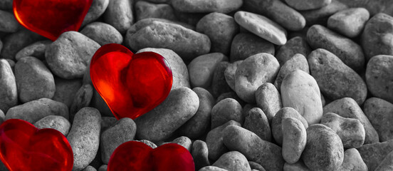 A gray banner for a website for lovers with a bright red heart among gray hearts and pebbles. True love burns brighter. contrast