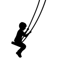 Silhouette young boy on swings sideways - obrazy, fototapety, plakaty