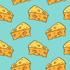 Seamless pattern with the image of a triangular piece of cheese. Fun color print. Design for paper, textile and decor.