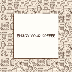 Seamless coffee pattern with line style icons. Coffee shop or cafe background.