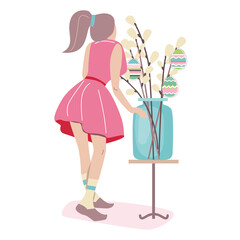 Young woman decorating pussy willow branches with painted eggs for Easter holiday. Illustration can be used for Easter and festive templates.