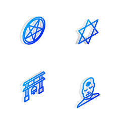 Set Isometric line Star of David, Pentagram in circle, Japan Gate and Man with third eye icon. Vector.