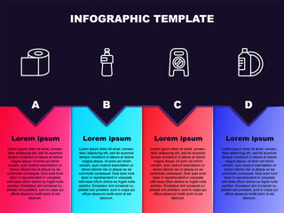 Set line Toilet paper roll, Dishwashing liquid bottle, Wet floor and cleaning progress and plate. Business infographic template. Vector.